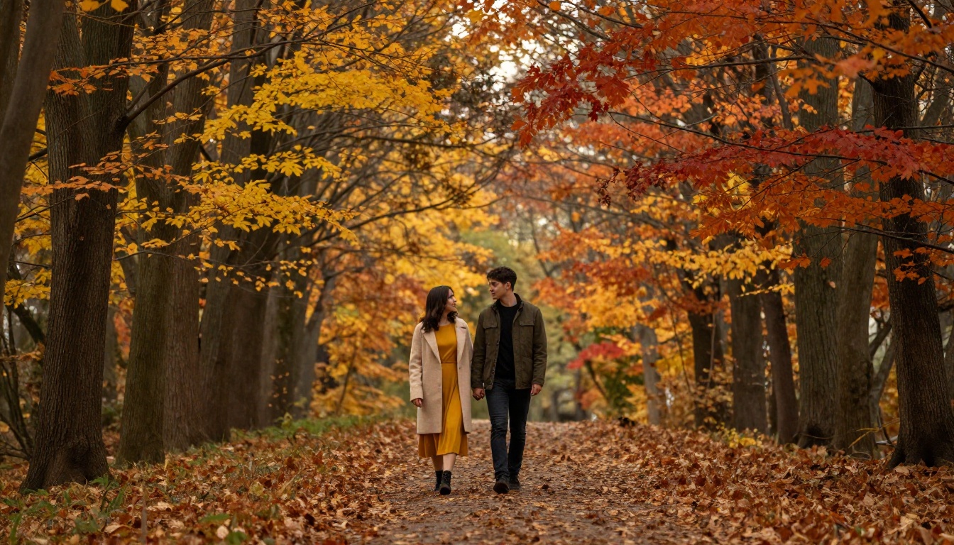 Engaged couple walking hand in hand through autumn forest path, amber and gold foliage all around