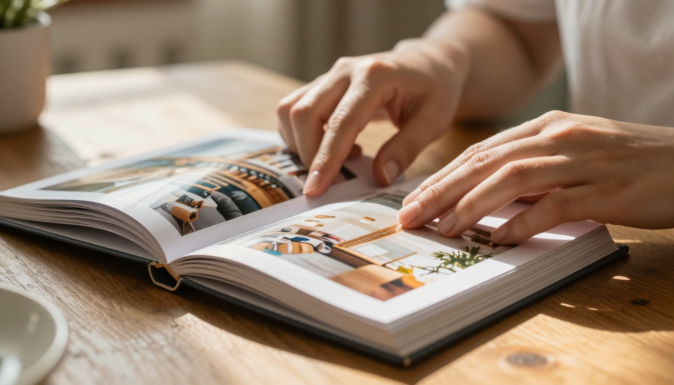 Hands gently turning glossy flipbook pages on a rustic oak table