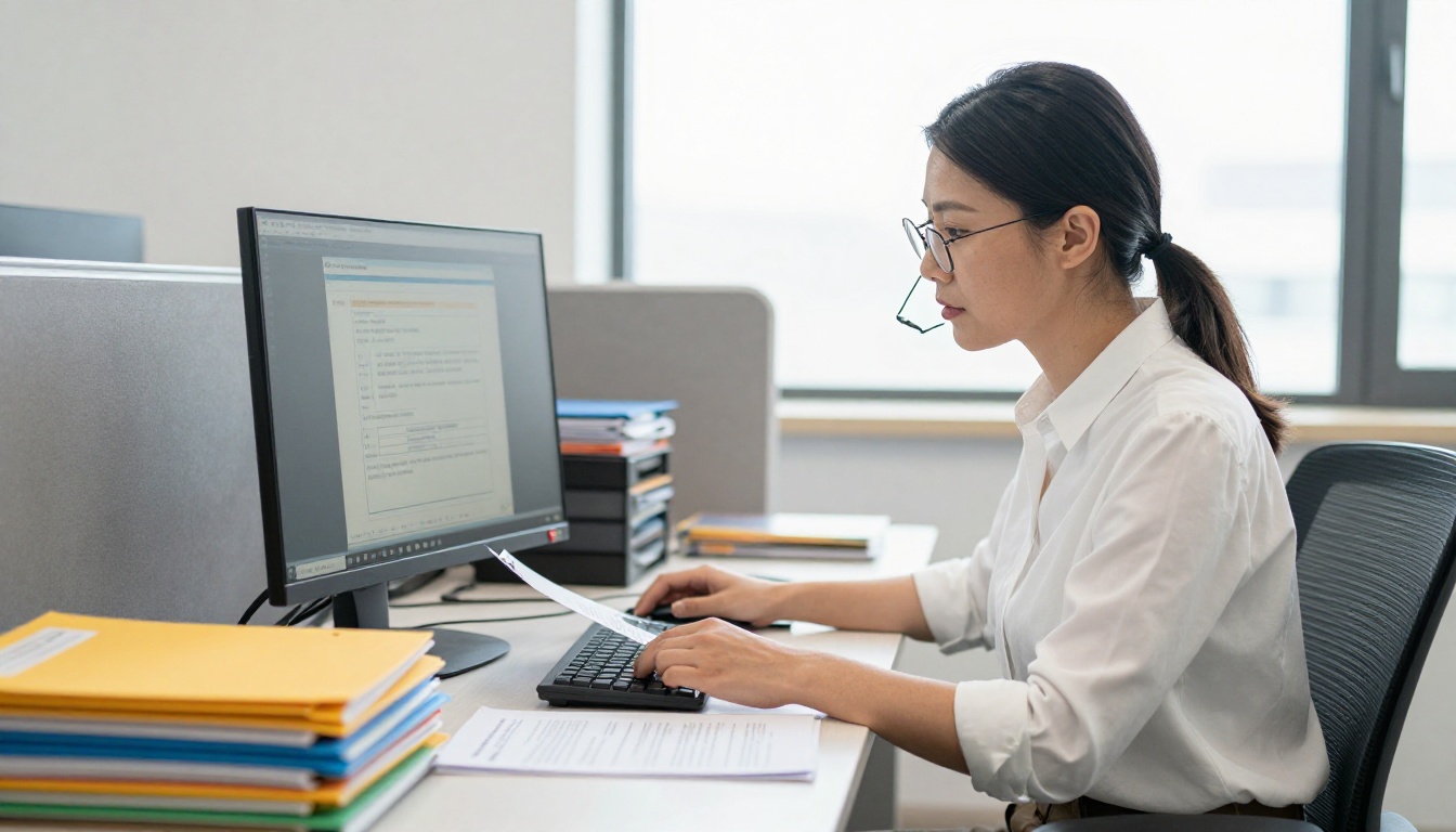 HR professional reviewing onboarding materials at a corporate workstation HR professional reviewing onboarding materials at a corporate workstation