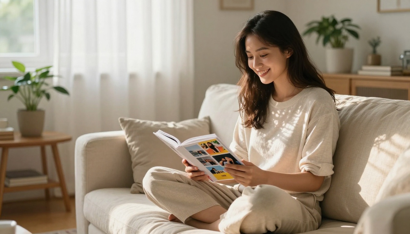 Woman on sofa smiling while reading a personalized flipbook