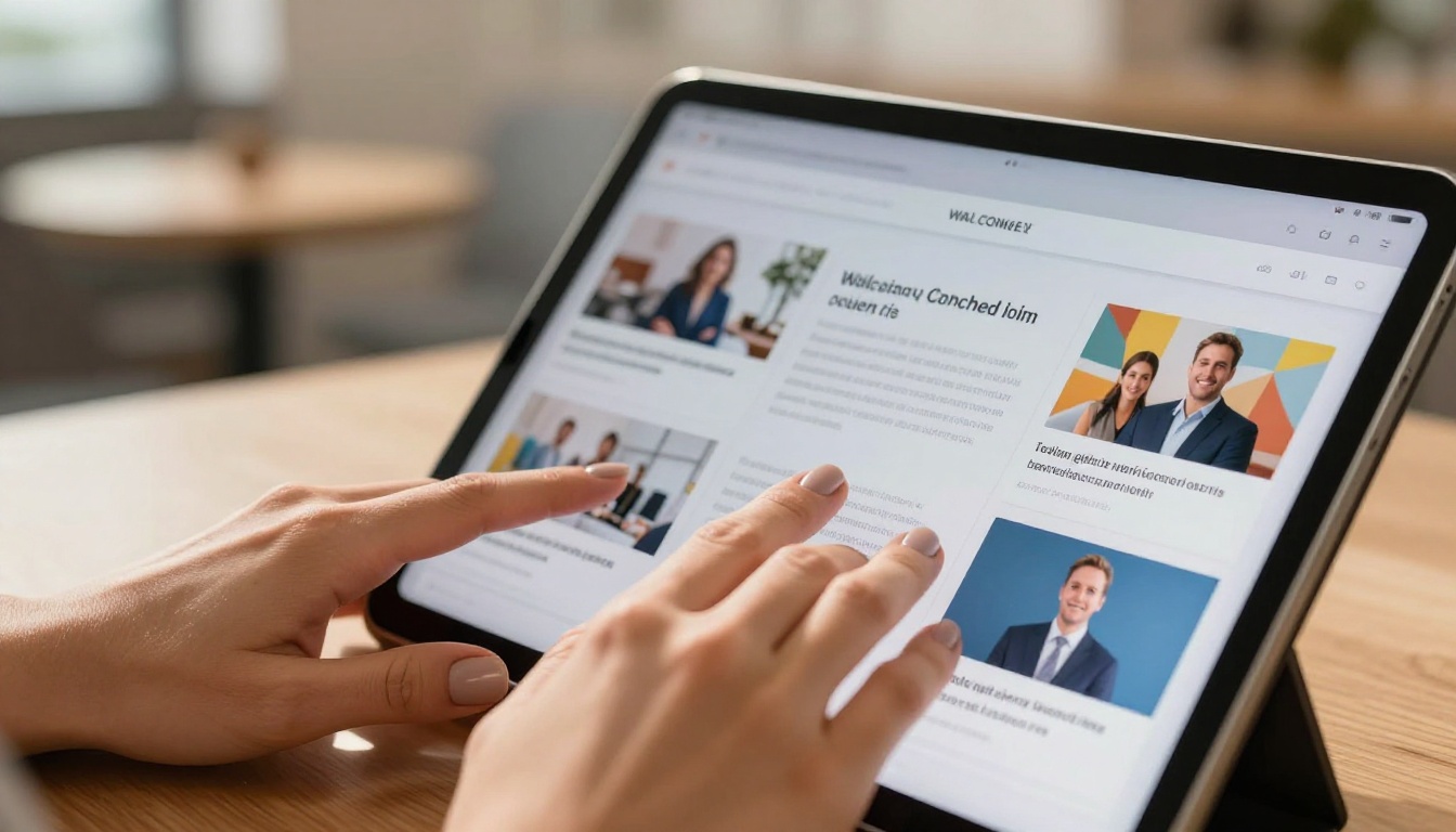 Close-up of hands holding a tablet with an interactive digital flipbook Close-up of hands holding a tablet with an interactive digital flipbook