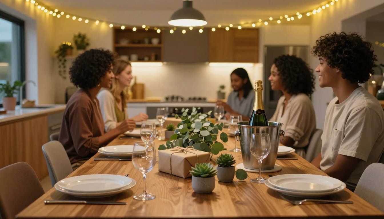 Beautifully decorated housewarming party with gifts and champagne