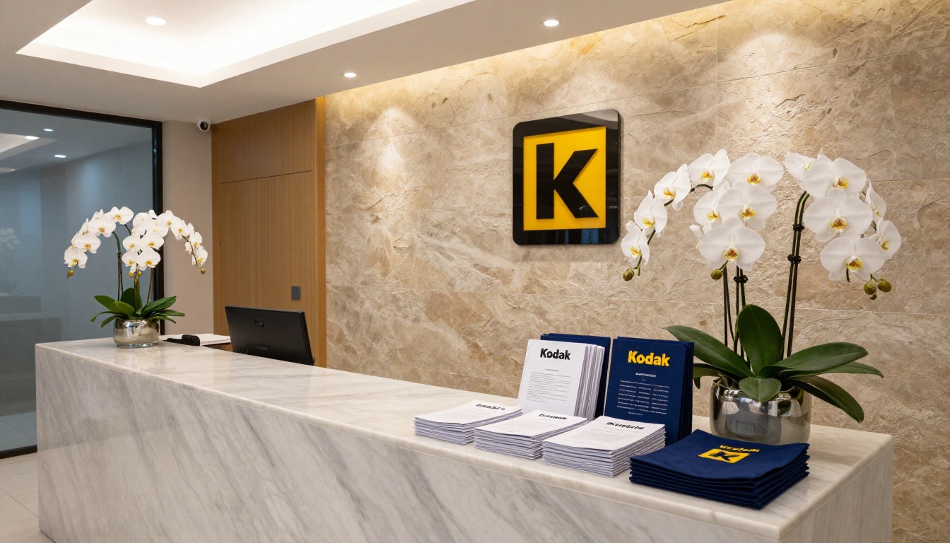 A modern corporate reception area with welcome materials displayed at the desk A modern corporate reception area with welcome materials displayed at the desk
