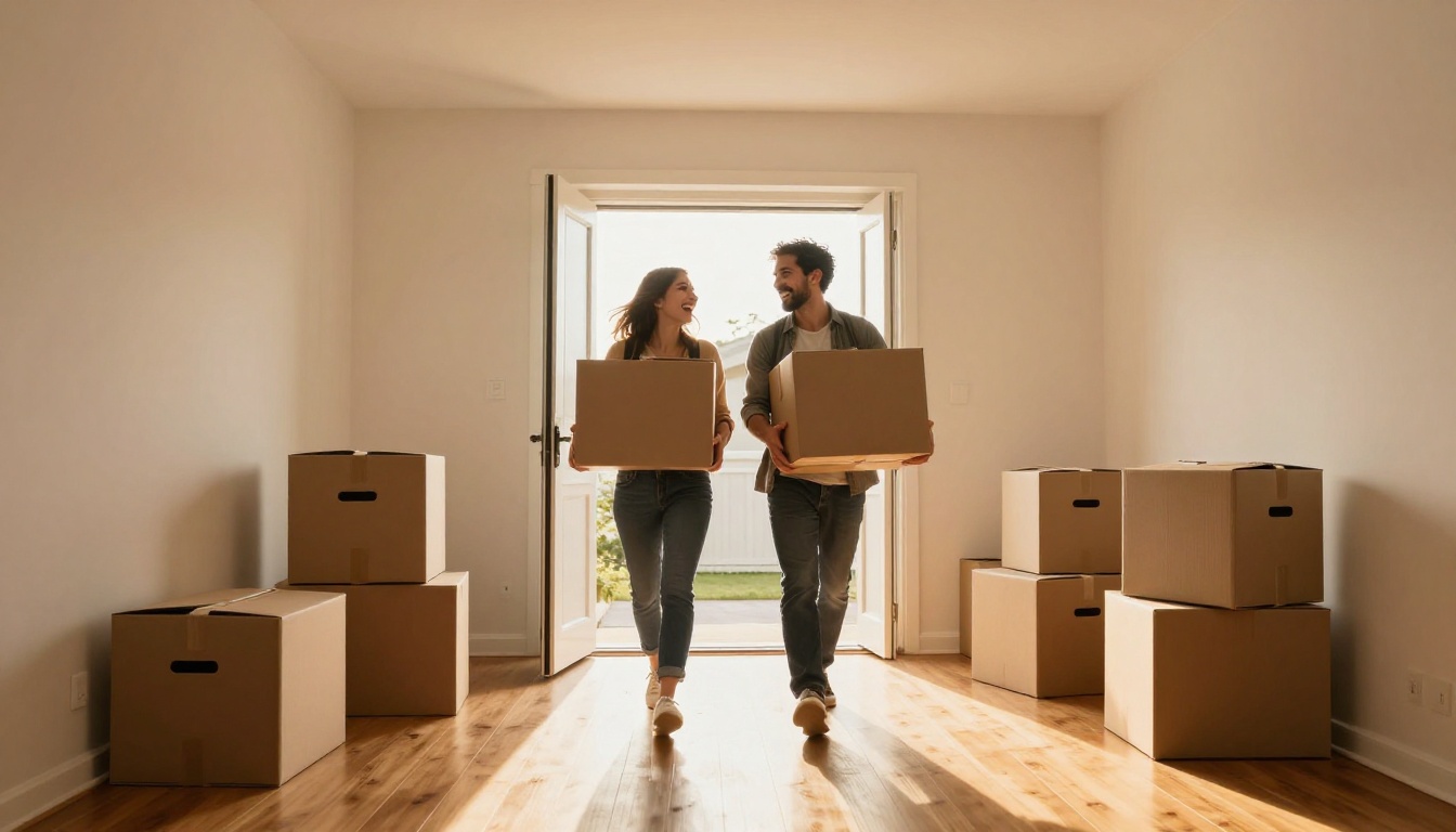 Happy couple carrying moving boxes through the front door of their new home