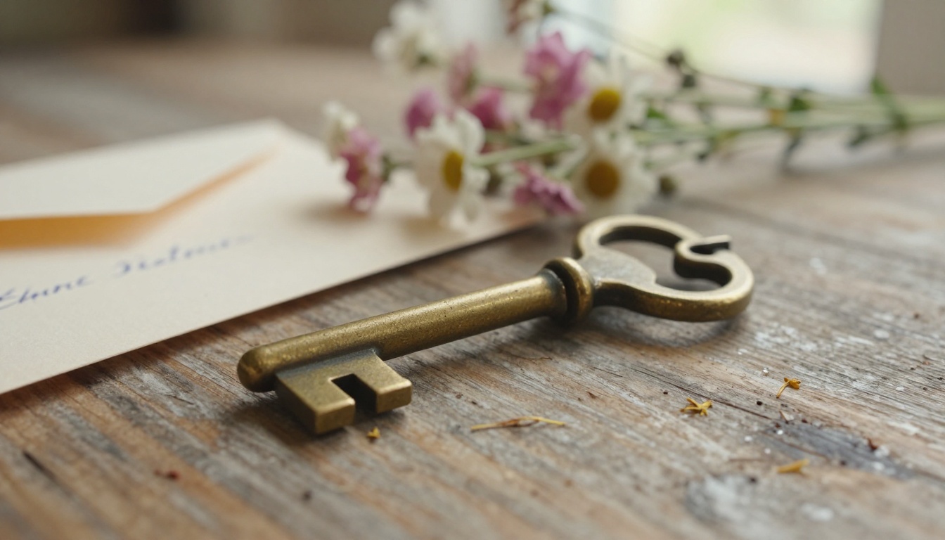 Vintage brass house key beside wildflowers on reclaimed wood surface