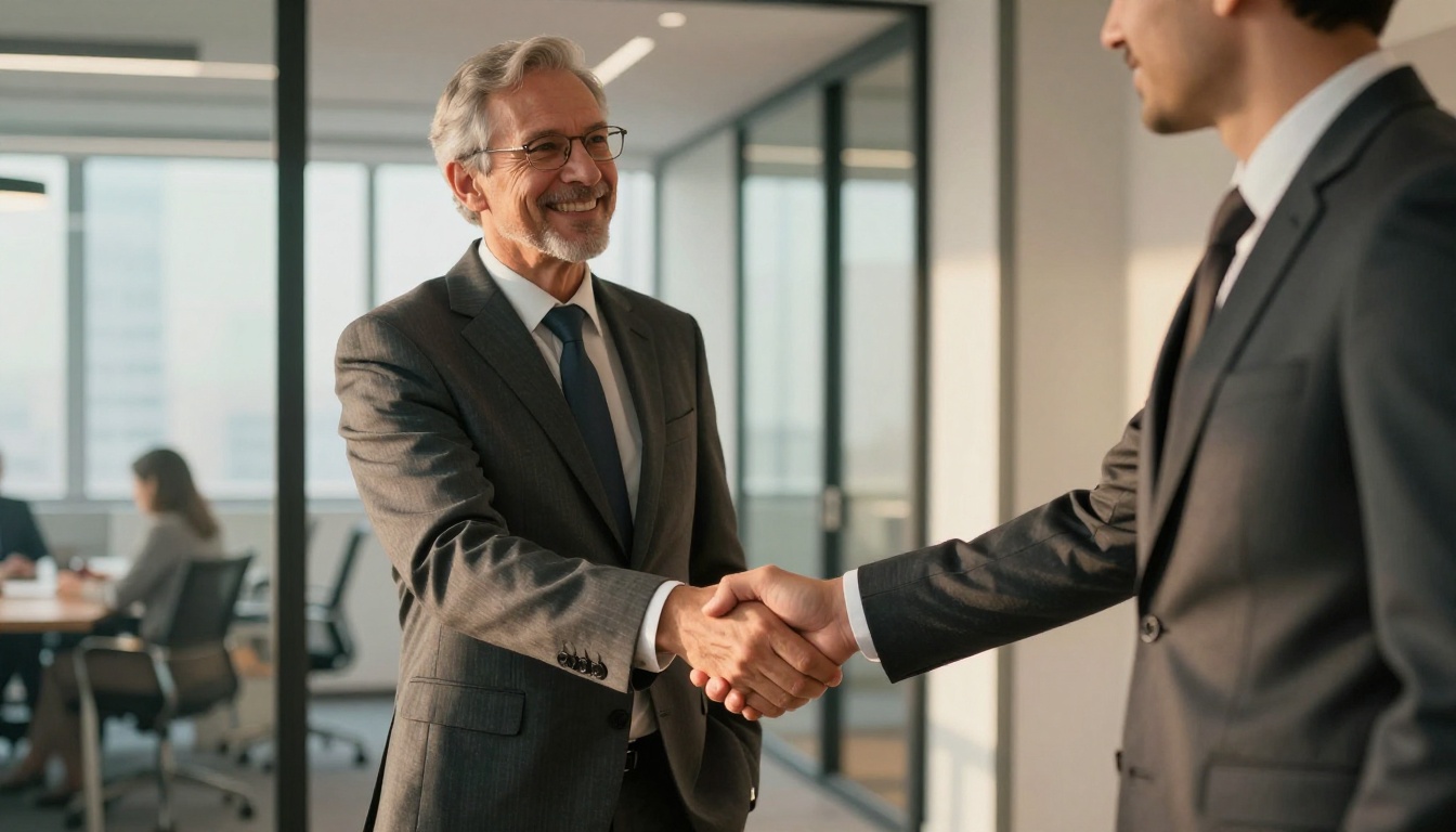 Senior executive welcoming a new hire with a warm handshake in a modern office hallway