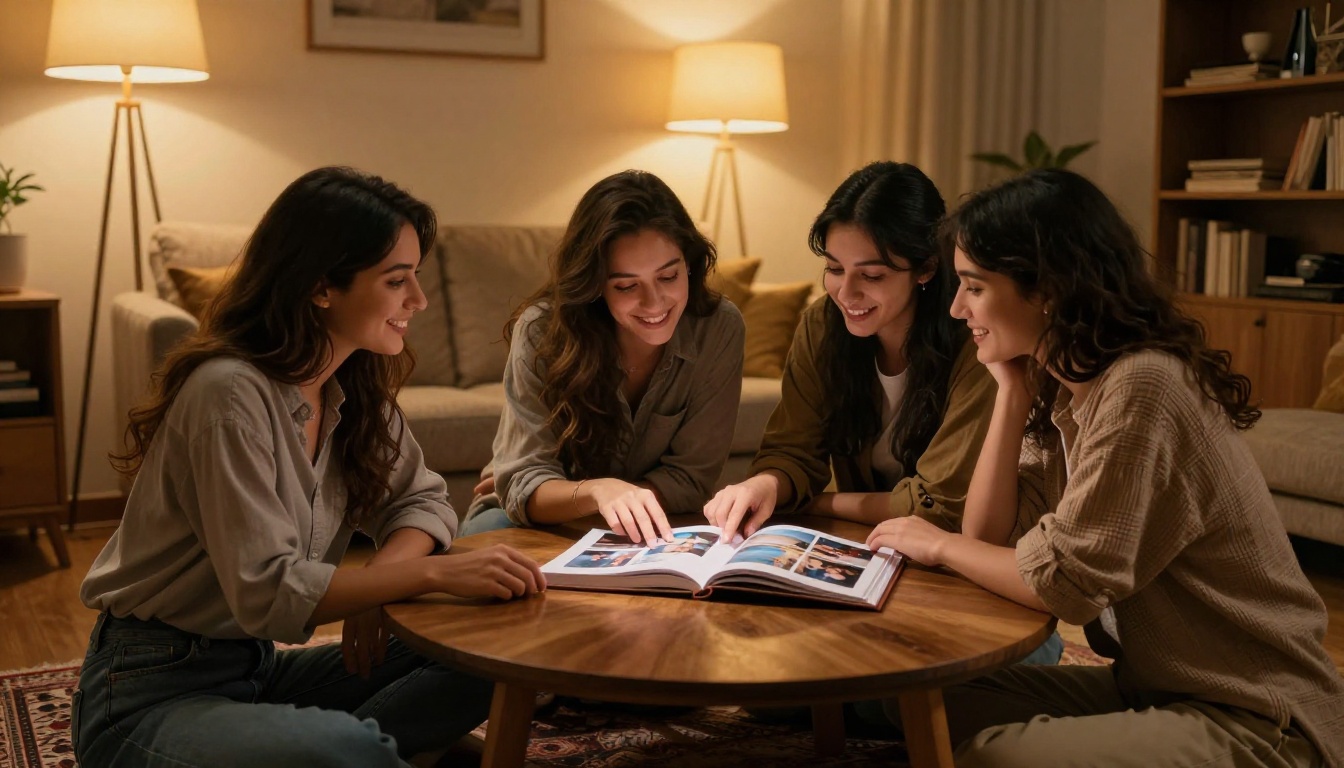 Three friends smiling around a coffee table looking at an open flipbook together