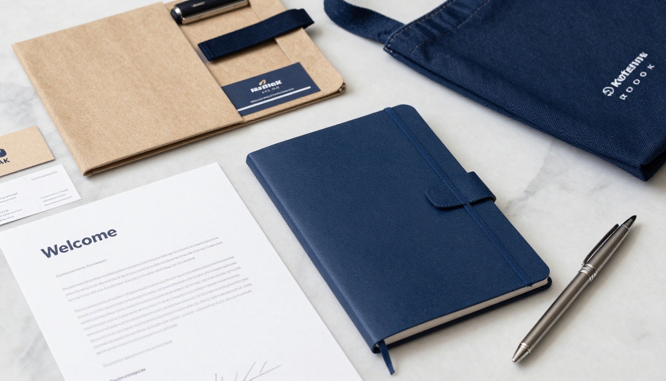 Corporate branded onboarding materials flat lay arranged on a white marble surface