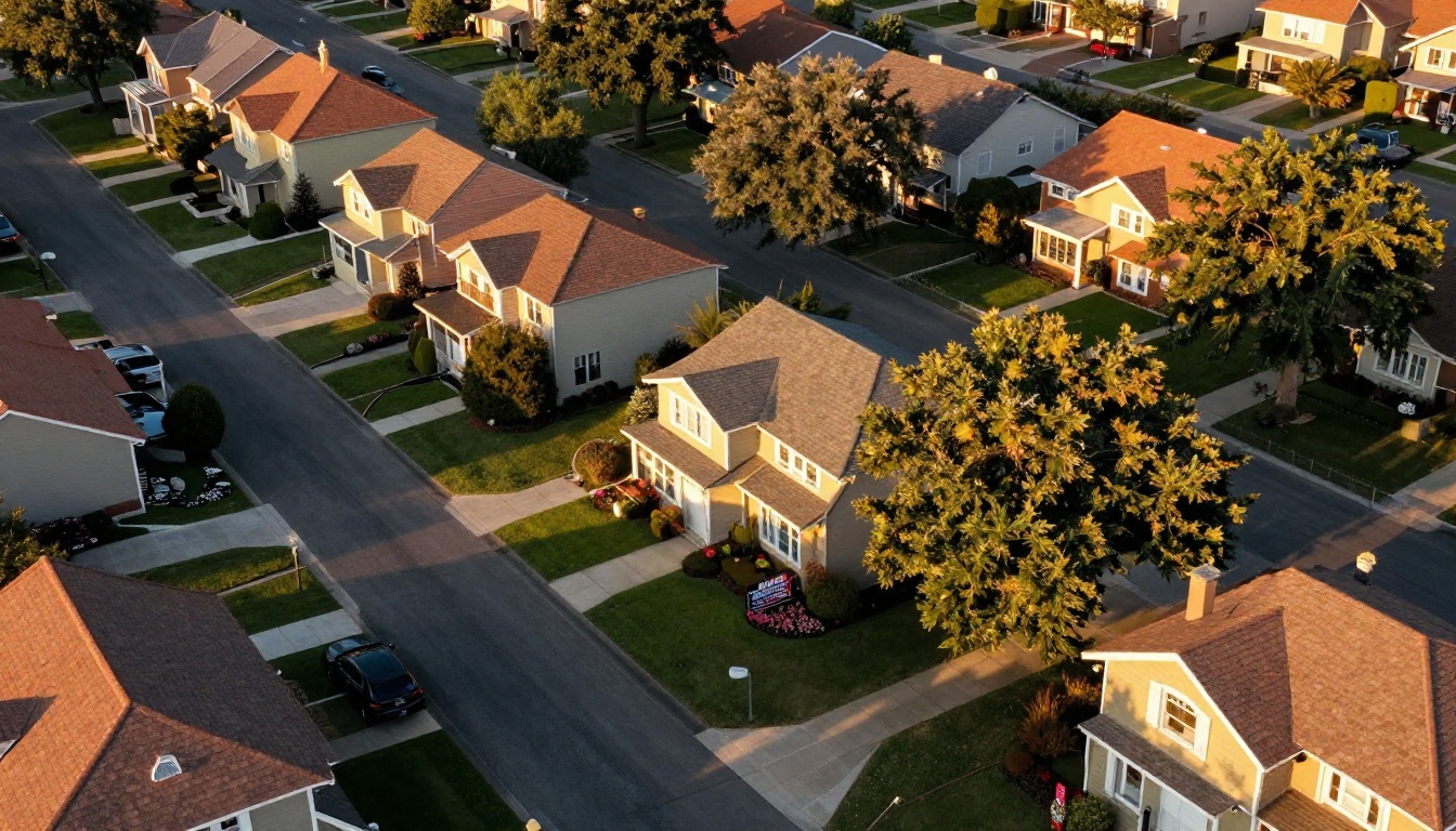 Aerial drone view of a charming suburban neighborhood at golden hour