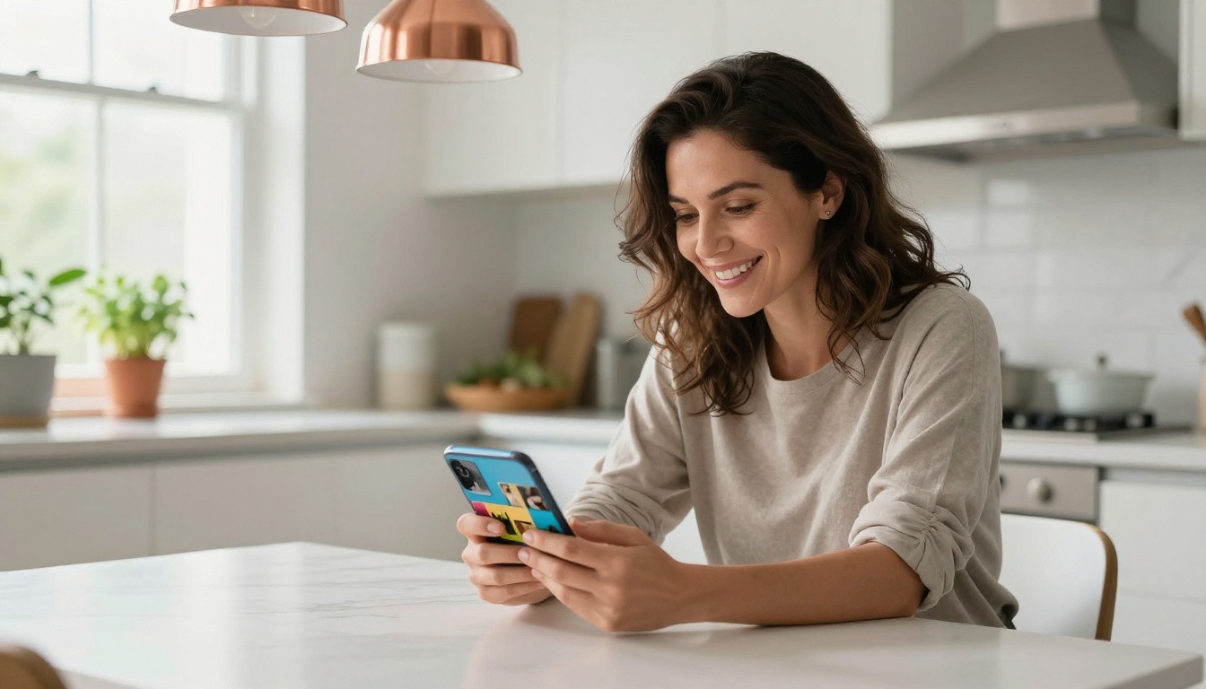 Woman at kitchen table smiling while holding smartphone showing a colorful digital flipbook