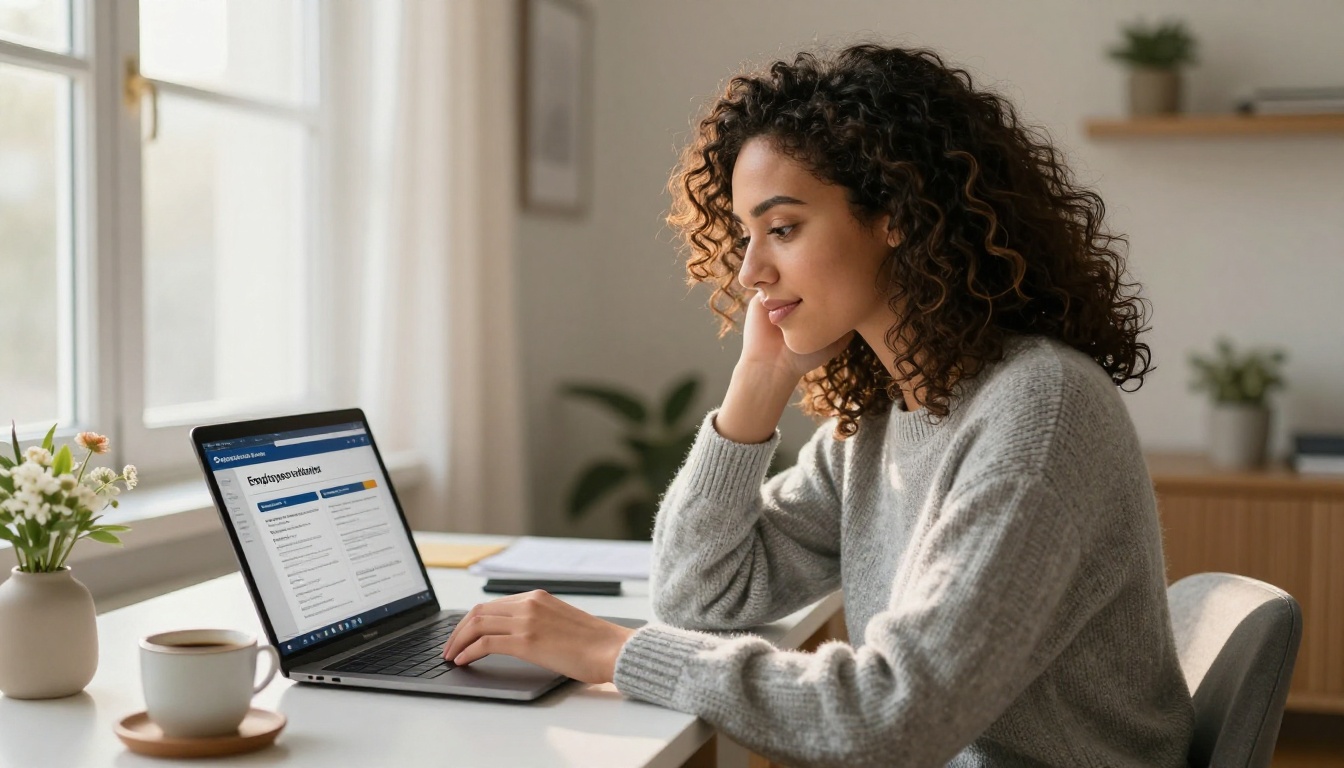 Young professional reviewing her company handbook on a laptop in a bright home office