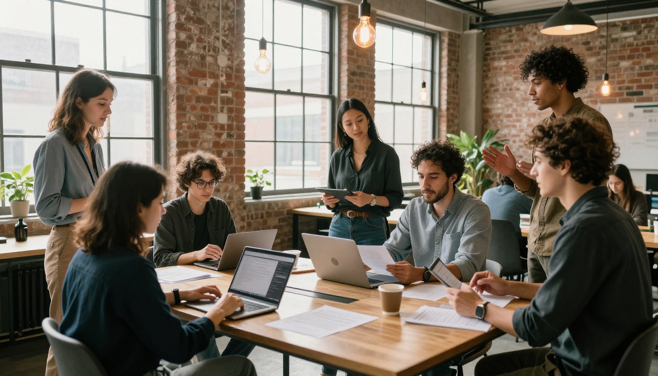 Diverse team collaborating informally in a bright modern open-plan office