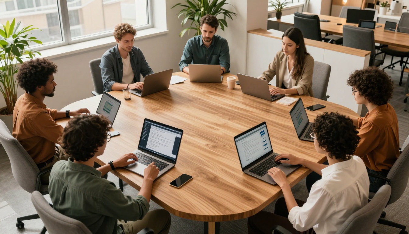 Group of new employees reviewing digital training materials during an onboarding session Group of new employees reviewing digital training materials during an onboarding session