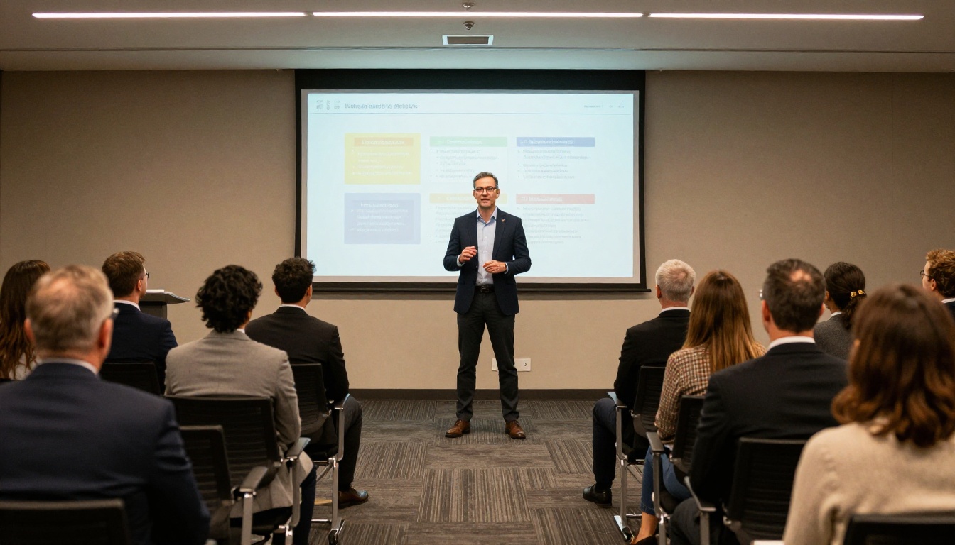Corporate trainer presenting a flipbook training manual to an engaged team in a modern training room Corporate trainer presenting a flipbook training manual to an engaged team in a modern training room