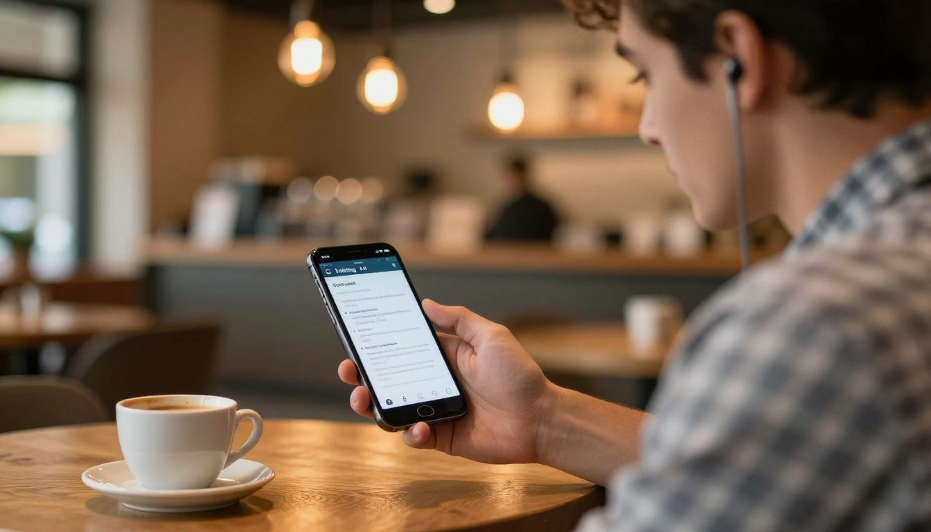 Young professional reading an interactive training manual on a smartphone in a co-working space Young professional reading an interactive training manual on a smartphone in a co-working space