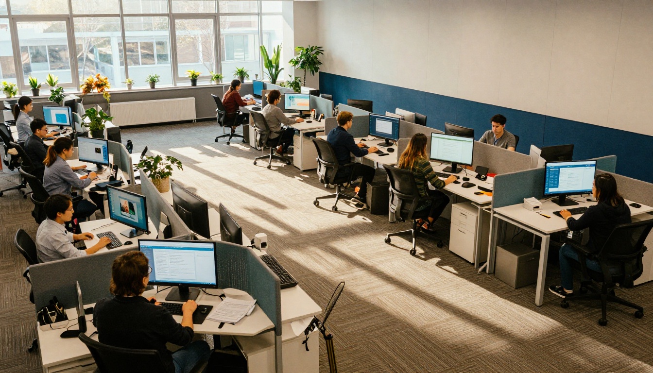 Wide view of an open-plan office with teams accessing digital training materials across multiple screens Wide view of an open-plan office with teams accessing digital training materials across multiple screens