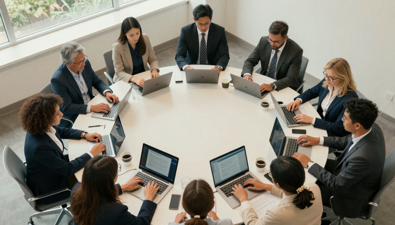 Aerial view of a corporate team reviewing training materials around a large round conference table Aerial view of a corporate team reviewing training materials around a large round conference table