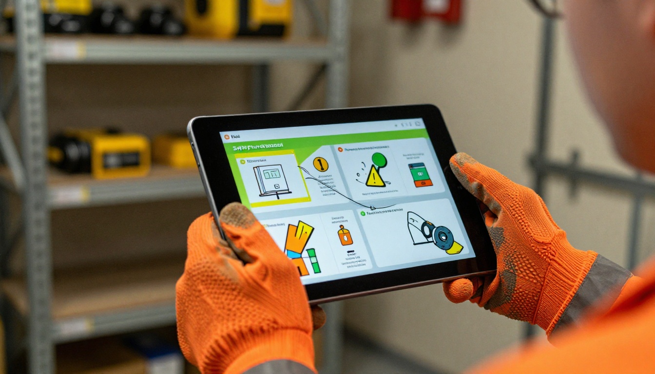 Workers reviewing interactive safety flipbook on tablet Workers reviewing interactive safety flipbook on tablet