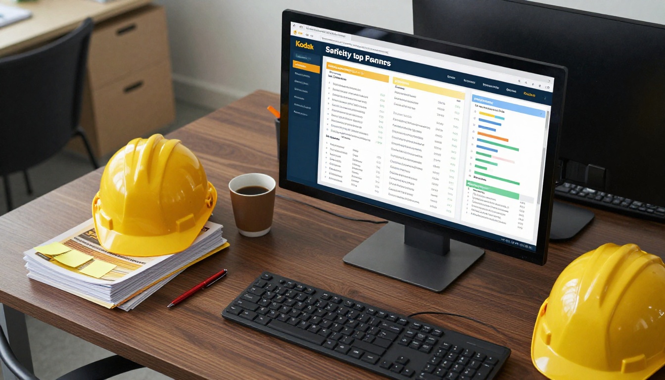 Safety manager's desk with digital compliance dashboard Safety manager's desk with digital compliance dashboard
