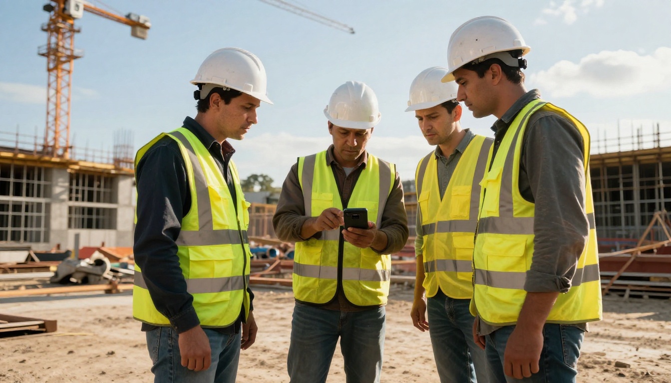 Construction workers reviewing safety procedures on mobile device Construction workers reviewing safety procedures on mobile device