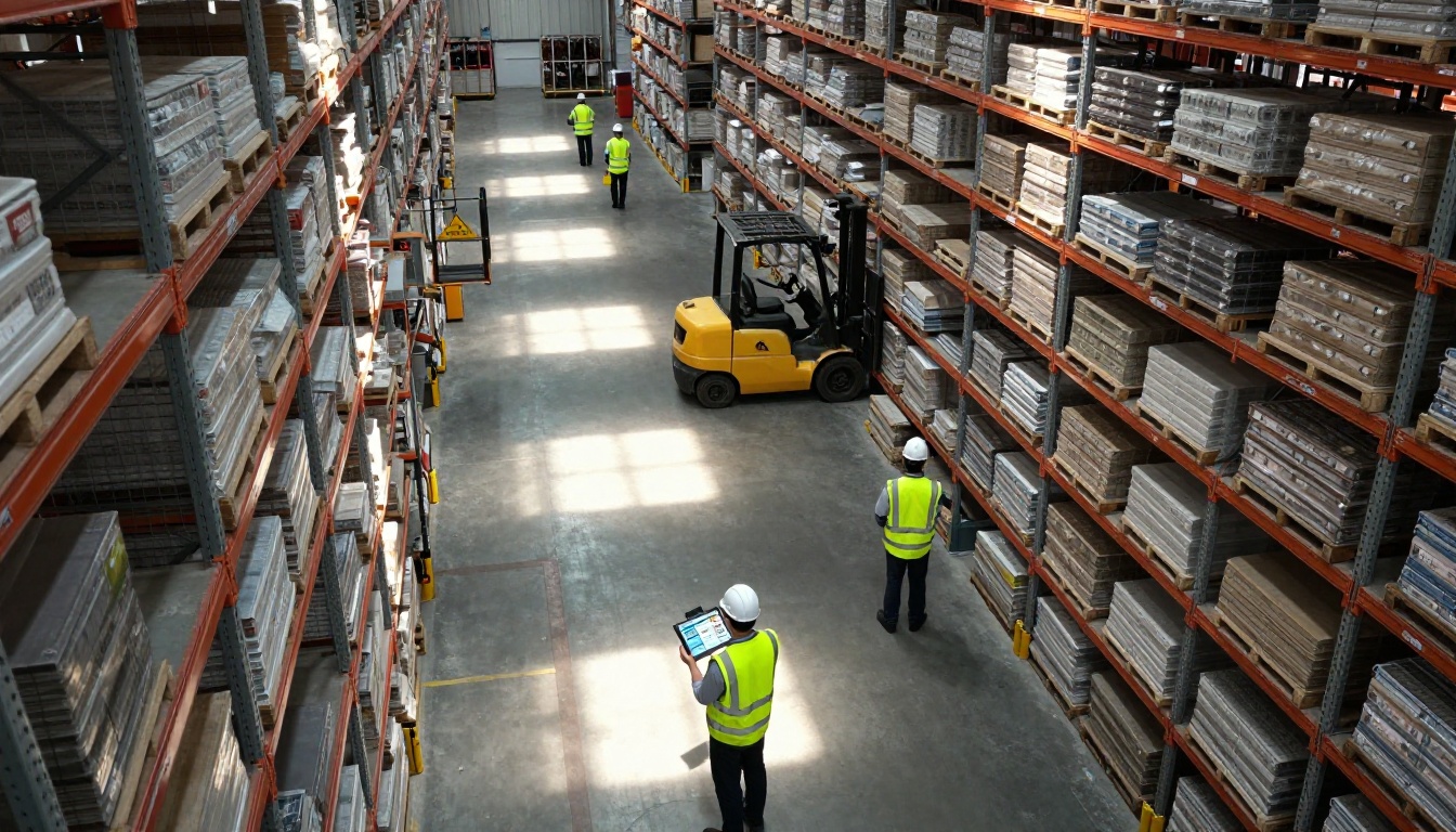 Aerial view of warehouse workers accessing safety documentation