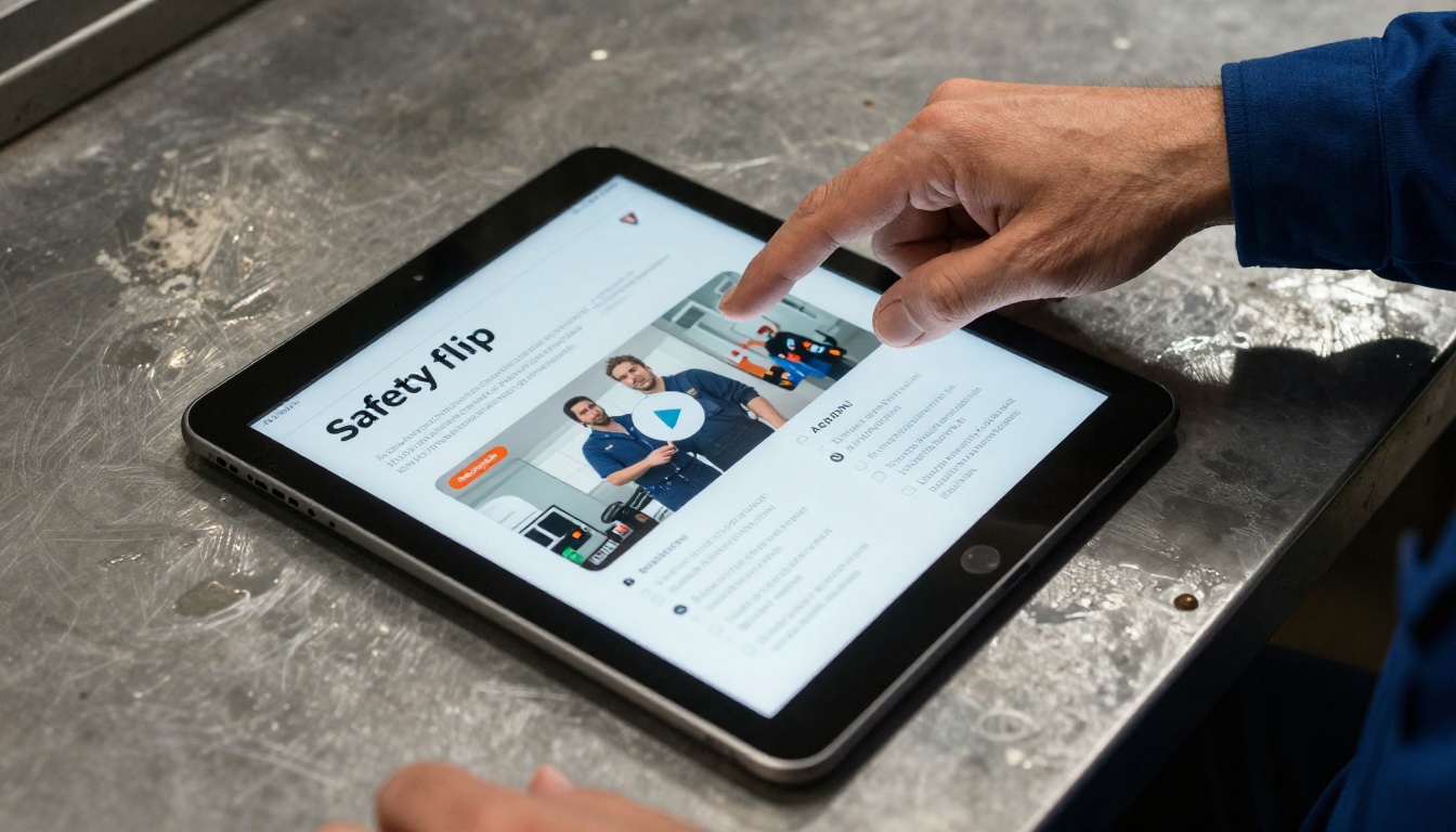 Tablet showing embedded safety video in interactive flipbook