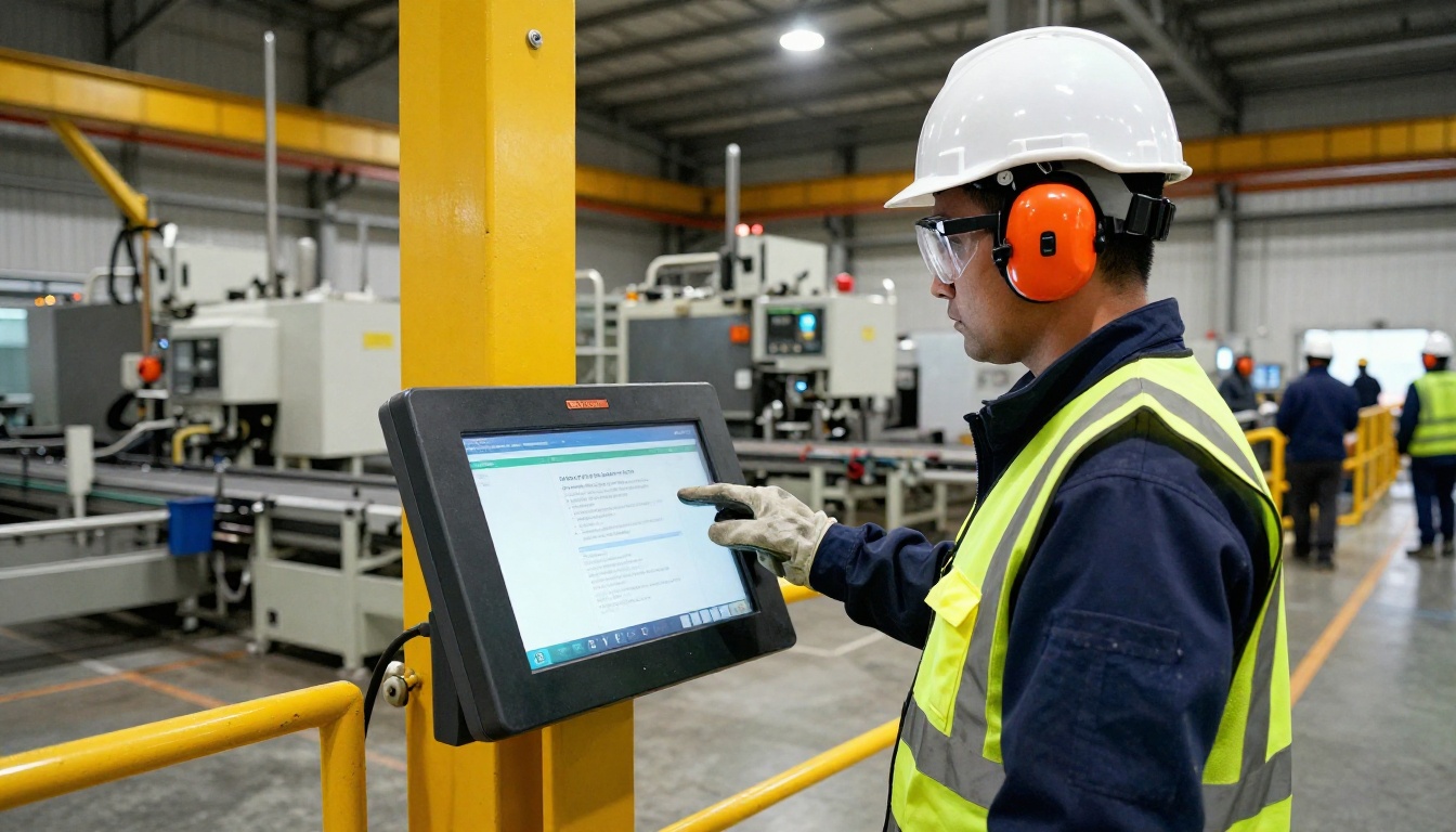 Worker using interactive safety flipbook at factory kiosk