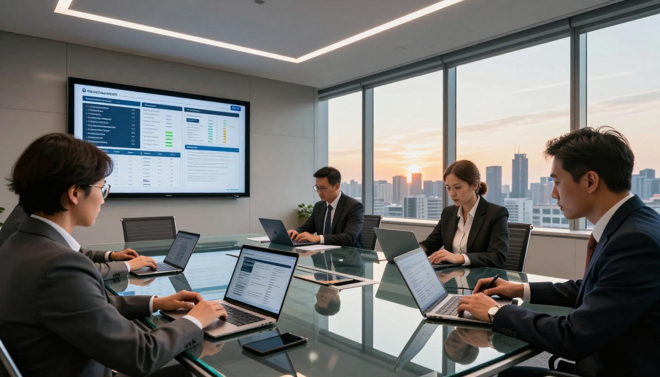 Corporate safety managers reviewing digital compliance documentation in boardroom