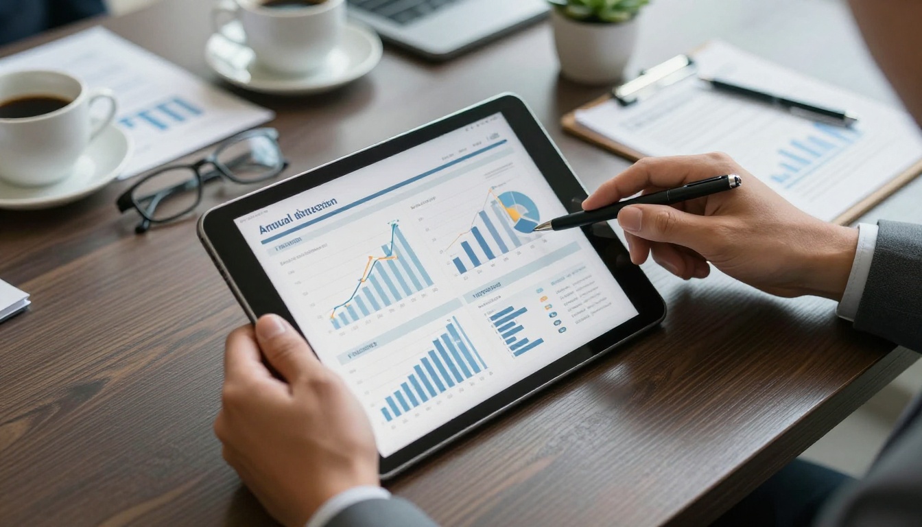 Investor reviewing report on tablet Investor reviewing report on tablet