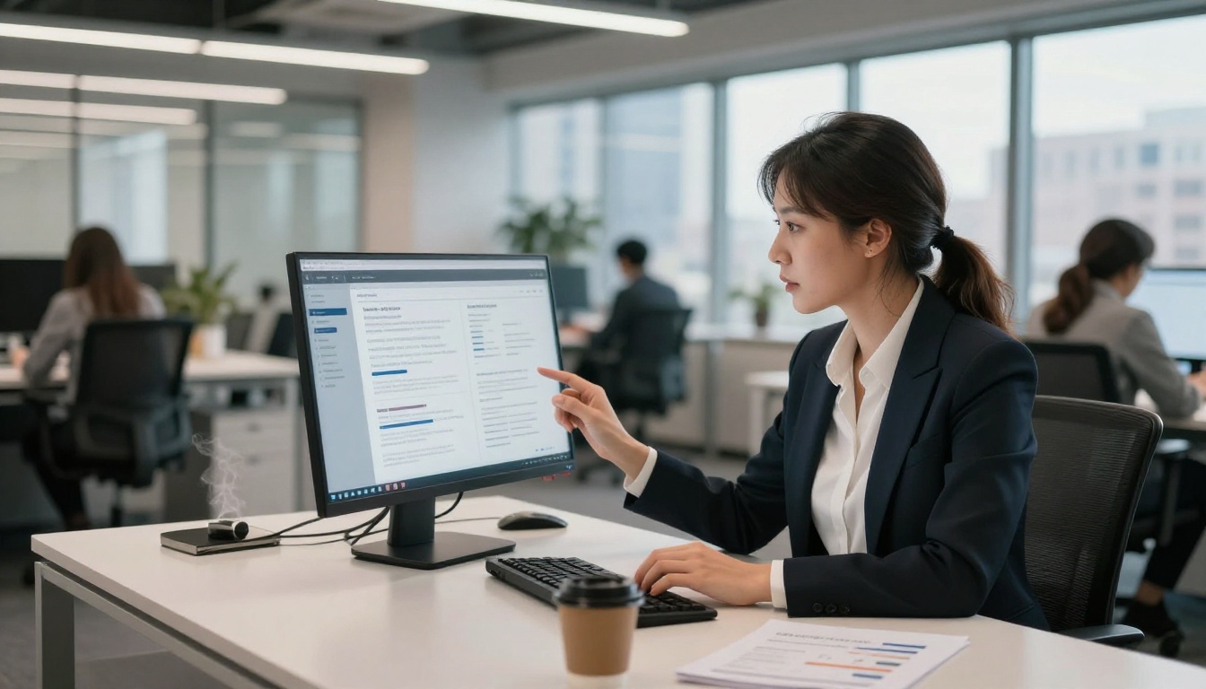 Professional woman reviewing digital flipbook at desk Professional woman reviewing digital flipbook at desk