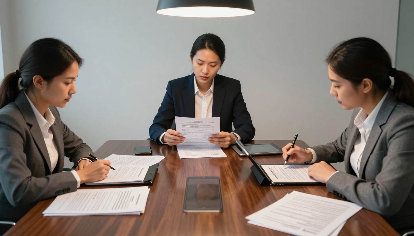 Compliance team reviewing policy documents and tablets around a conference table Compliance team reviewing policy documents and tablets around a conference table
