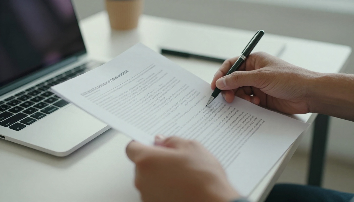 Professional hands placing a compliance document on a desk beside a laptop Professional hands placing a compliance document on a desk beside a laptop
