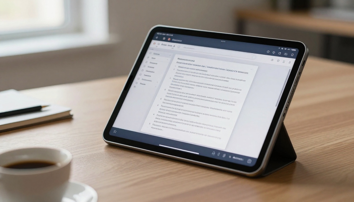 Tablet on corporate desk displaying an interactive flipbook document with page navigation controls Tablet on corporate desk displaying an interactive flipbook document with page navigation controls