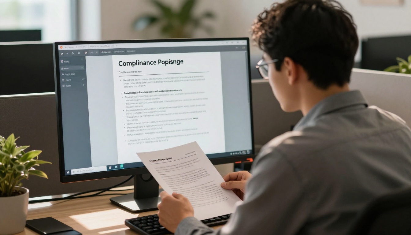 Office employee reading a compliance policy document on a large widescreen monitor at their workstation Office employee reading a compliance policy document on a large widescreen monitor at their workstation