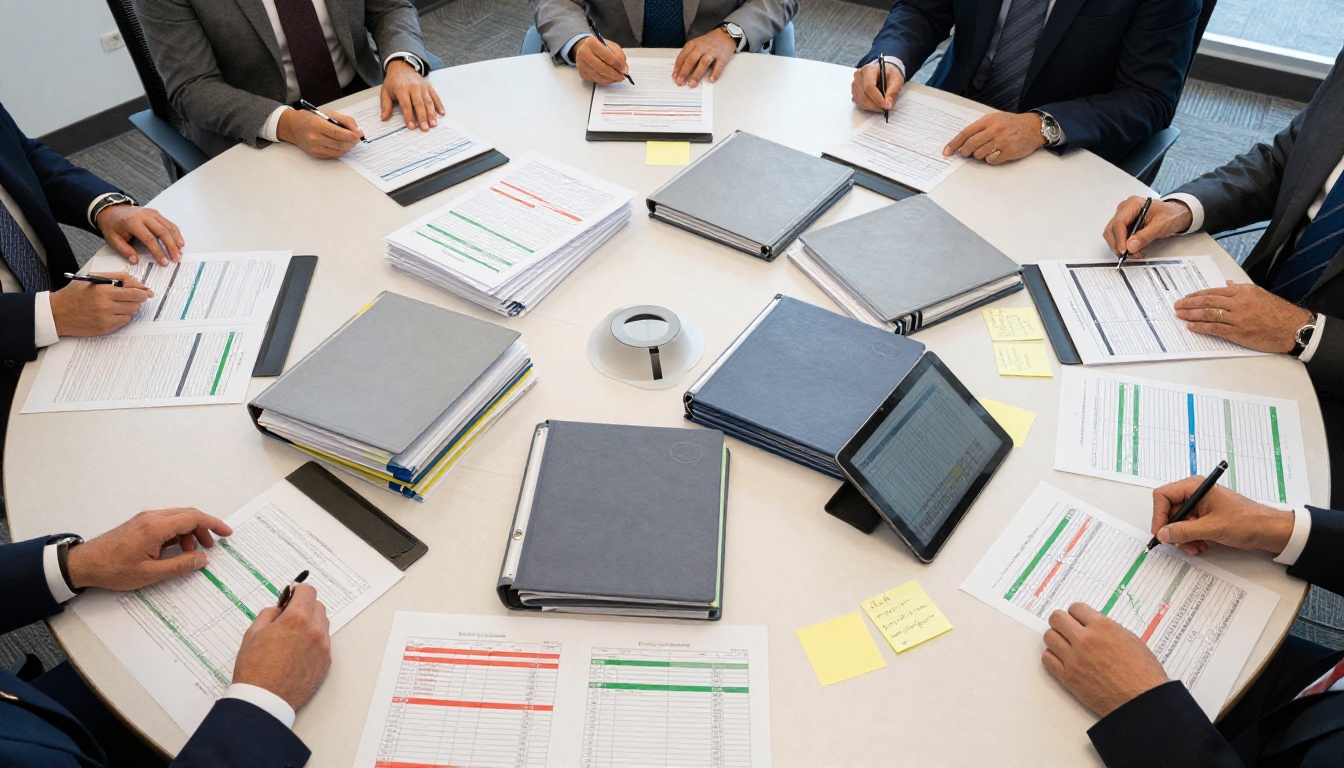 Aerial bird's-eye view of a compliance audit table covered with organized binders, checklists, tablets and documents Aerial bird's-eye view of a compliance audit table covered with organized binders, checklists, tablets and documents