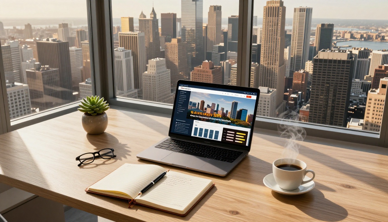 Executive desk with financial materials and coffee Executive desk with financial materials and coffee