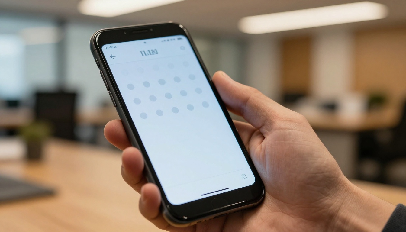 Professional hand holding a smartphone displaying a password security screen for protected document access