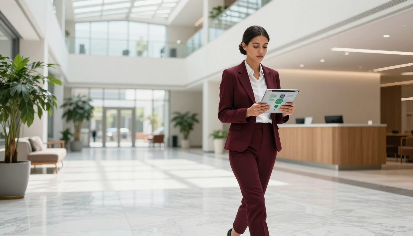 Professional woman carrying tablet in corporate lobby Professional woman carrying tablet in corporate lobby