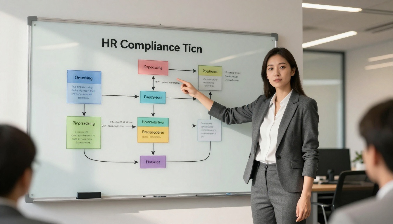 HR compliance manager presenting a workflow diagram on a whiteboard in a corporate training room