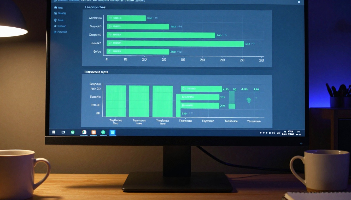 Analytics dashboard on a monitor showing compliance document engagement statistics with bar charts and graphs
