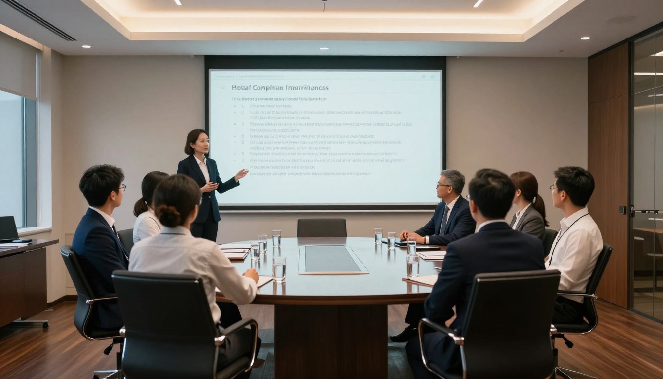 Professional executive presenting a compliance document on a large screen to colleagues in a modern boardroom