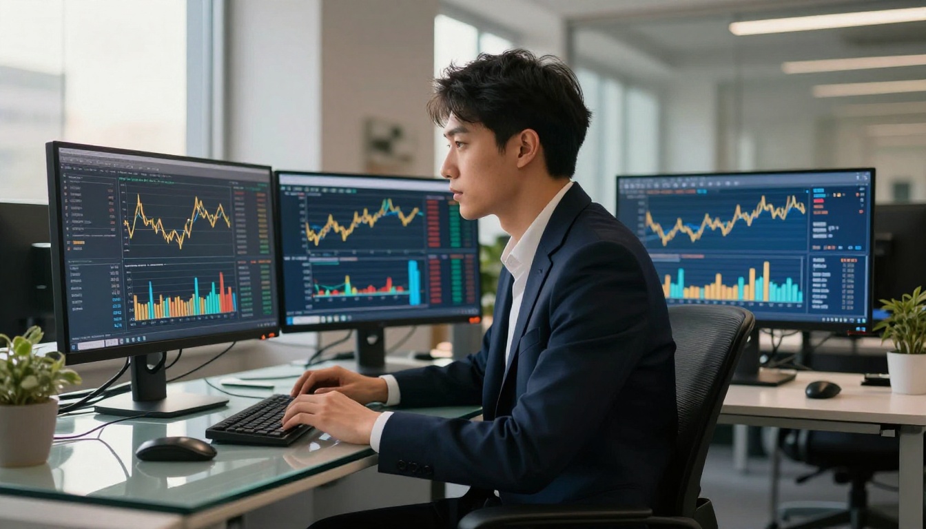 Financial analyst reviewing quarterly earnings data on dual monitors in a modern corporate office
