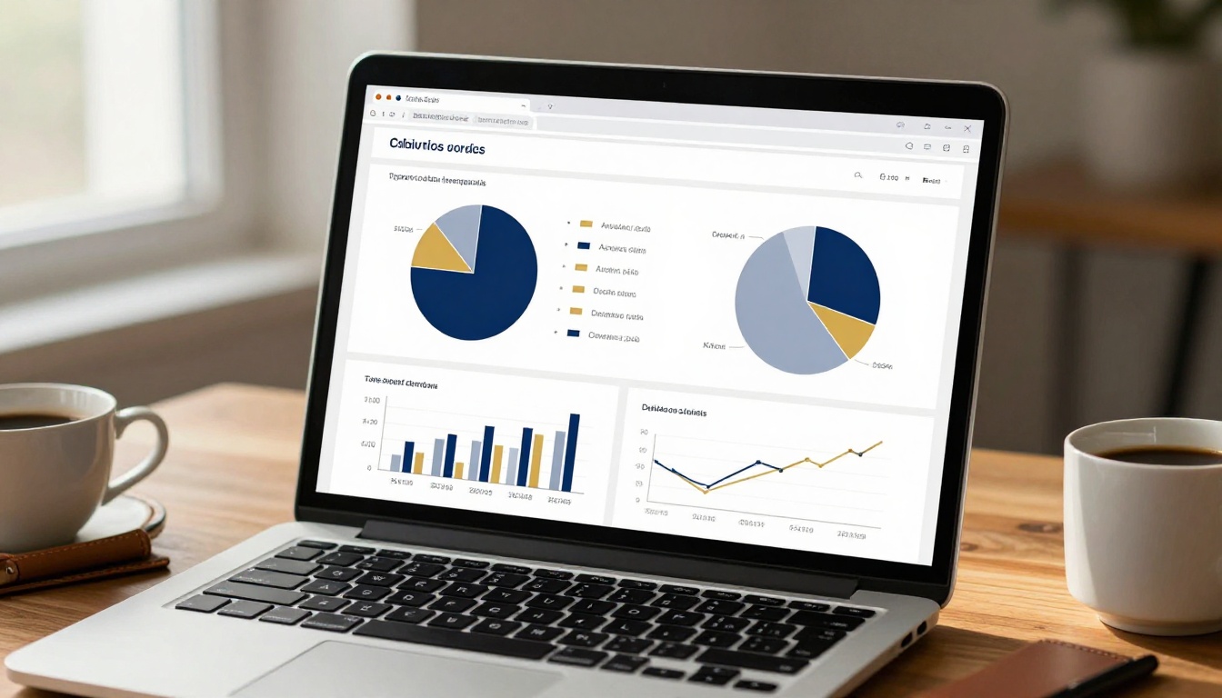 Digital interactive report open on laptop screen with financial charts in navy and gold
