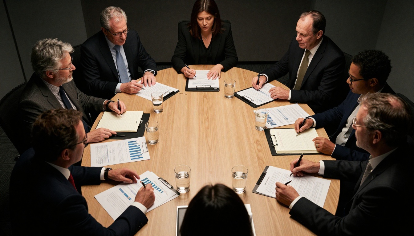 Executives and shareholders reviewing quarterly reports around boardroom table from aerial perspective