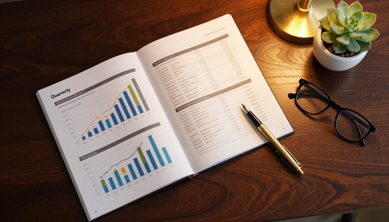 Overhead flat-lay of quarterly financial report with gold fountain pen and reading glasses on walnut desk