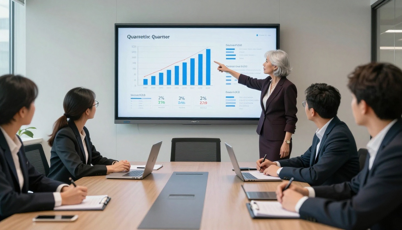Silver-haired executive presenting quarterly financial results to a group of executives in a modern conference room