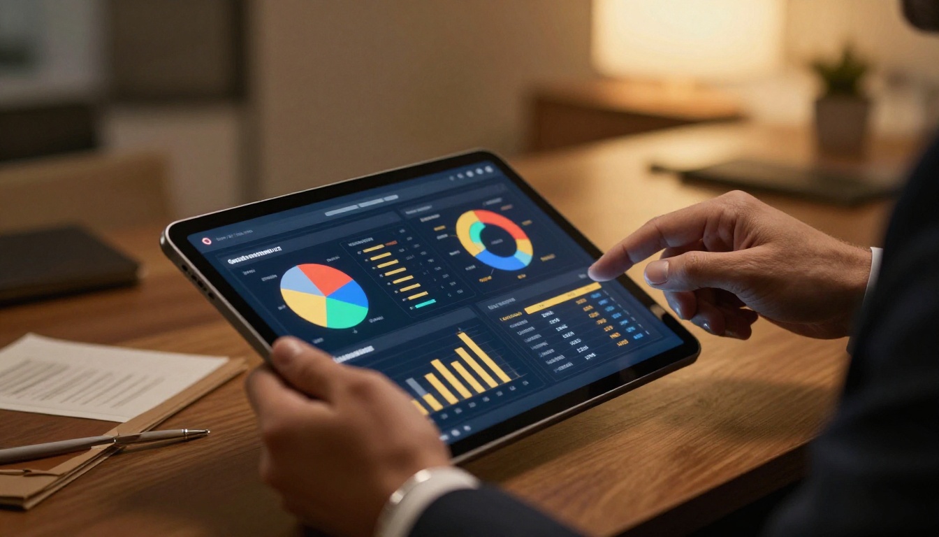 Male hands in dark suit scrolling through interactive quarterly report on tablet device