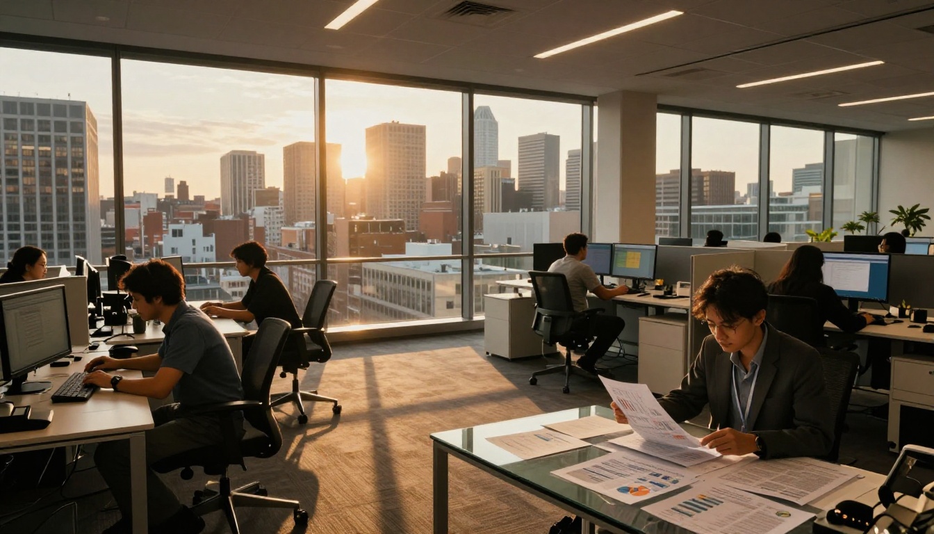 Modern open-plan corporate office with golden hour light and employees reviewing financial documents