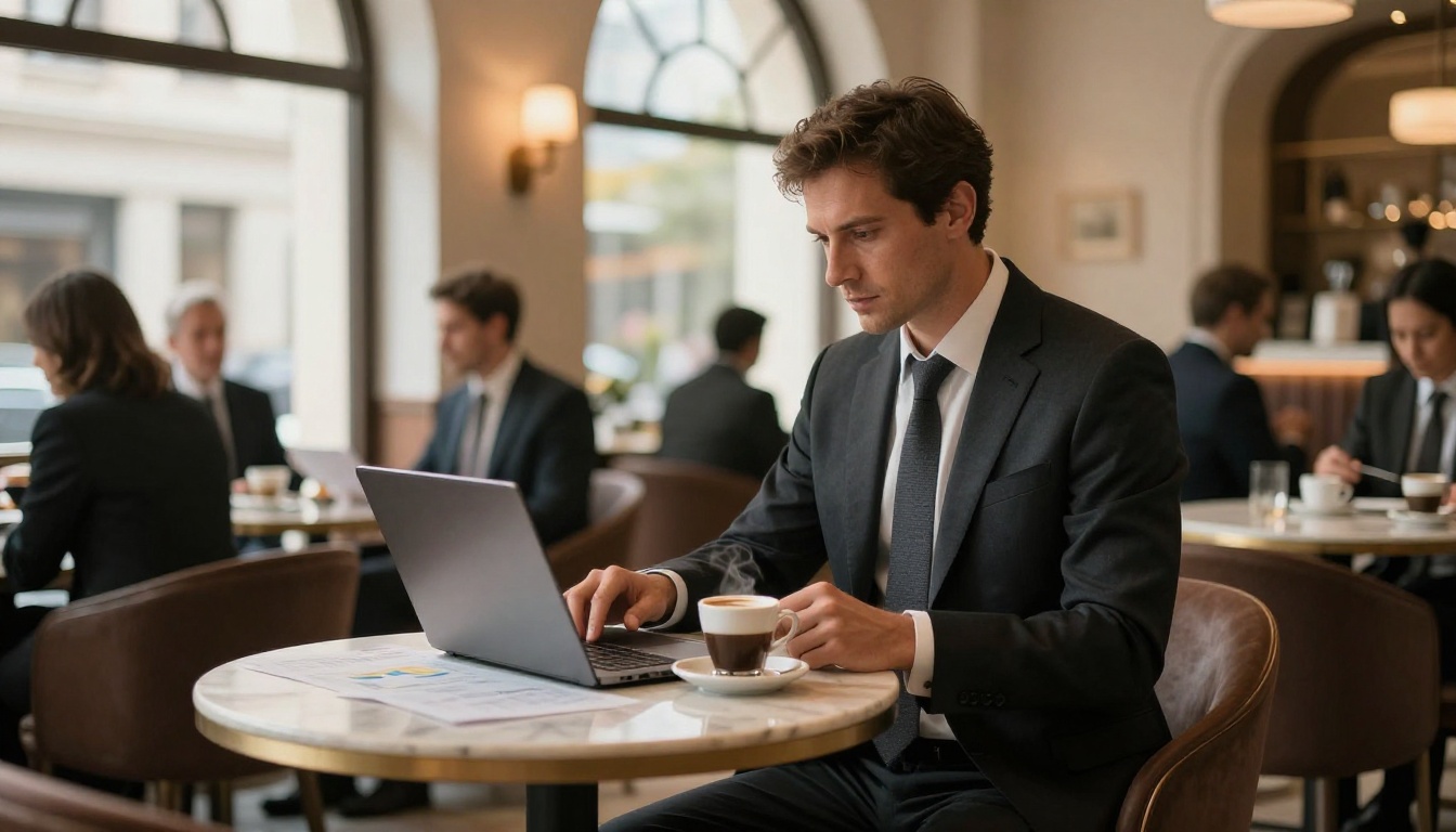 Male investor in tailored charcoal suit reviewing quarterly report on laptop at upscale hotel lobby café