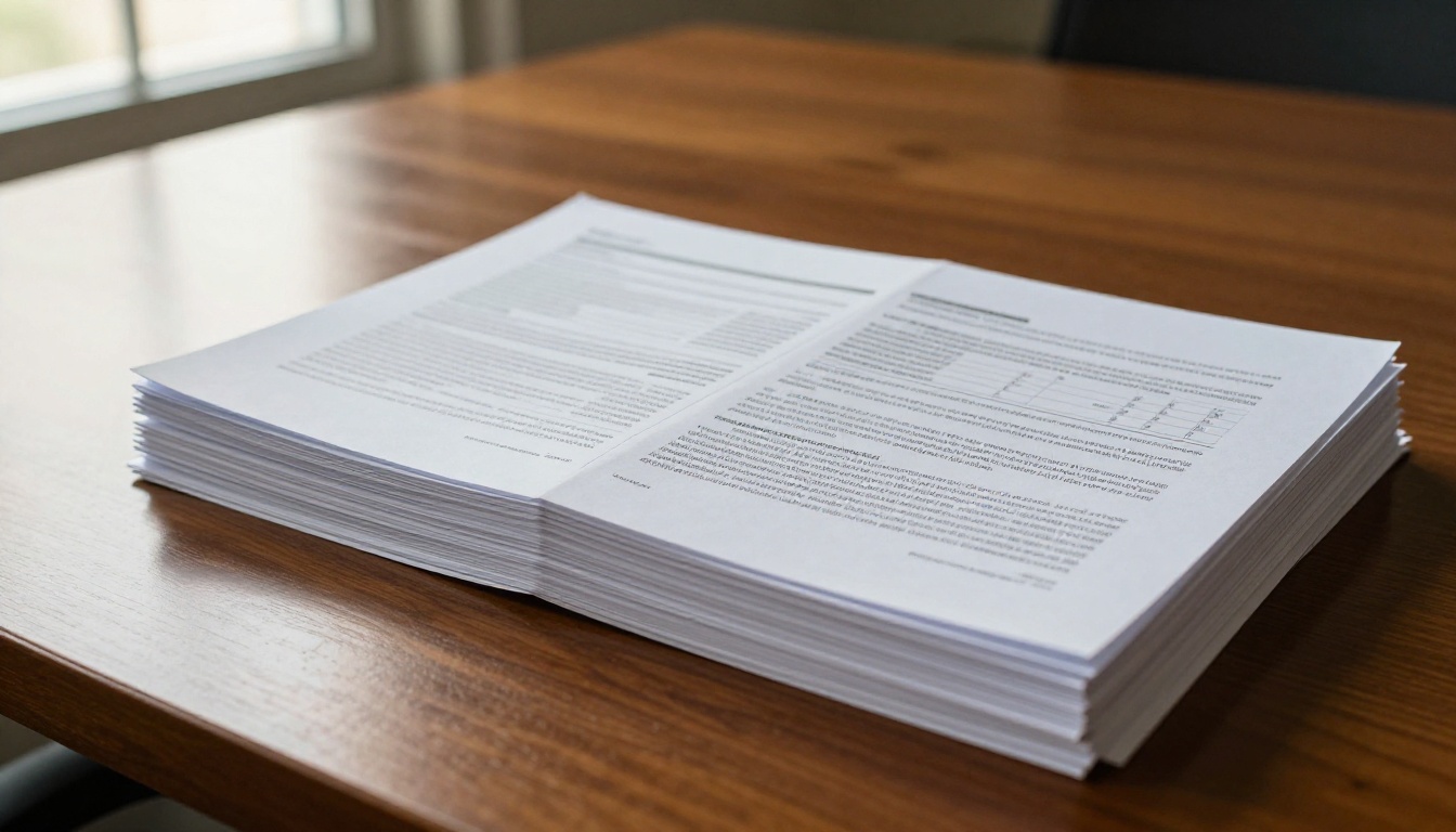 White paper documents stacked on a corporate conference table White paper documents stacked on a corporate conference table